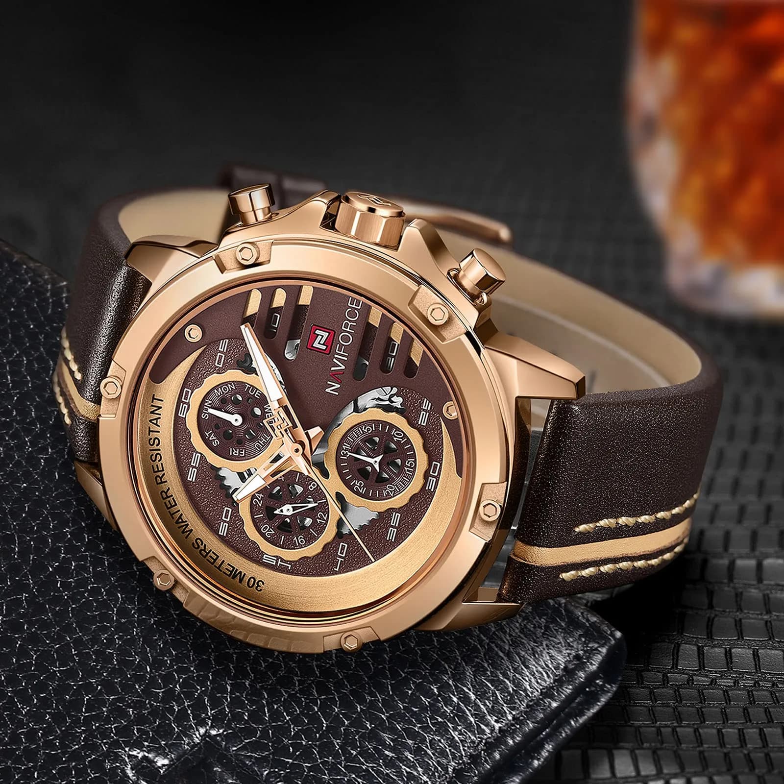 NAVIFORCE Rose Gold & Coffee Brown Leather Band Sport Military Watch for Men - view 2