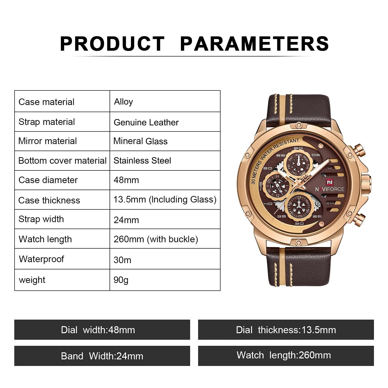 NAVIFORCE Rose Gold & Coffee Brown Leather Band Sport Military Watch for Men - view 3