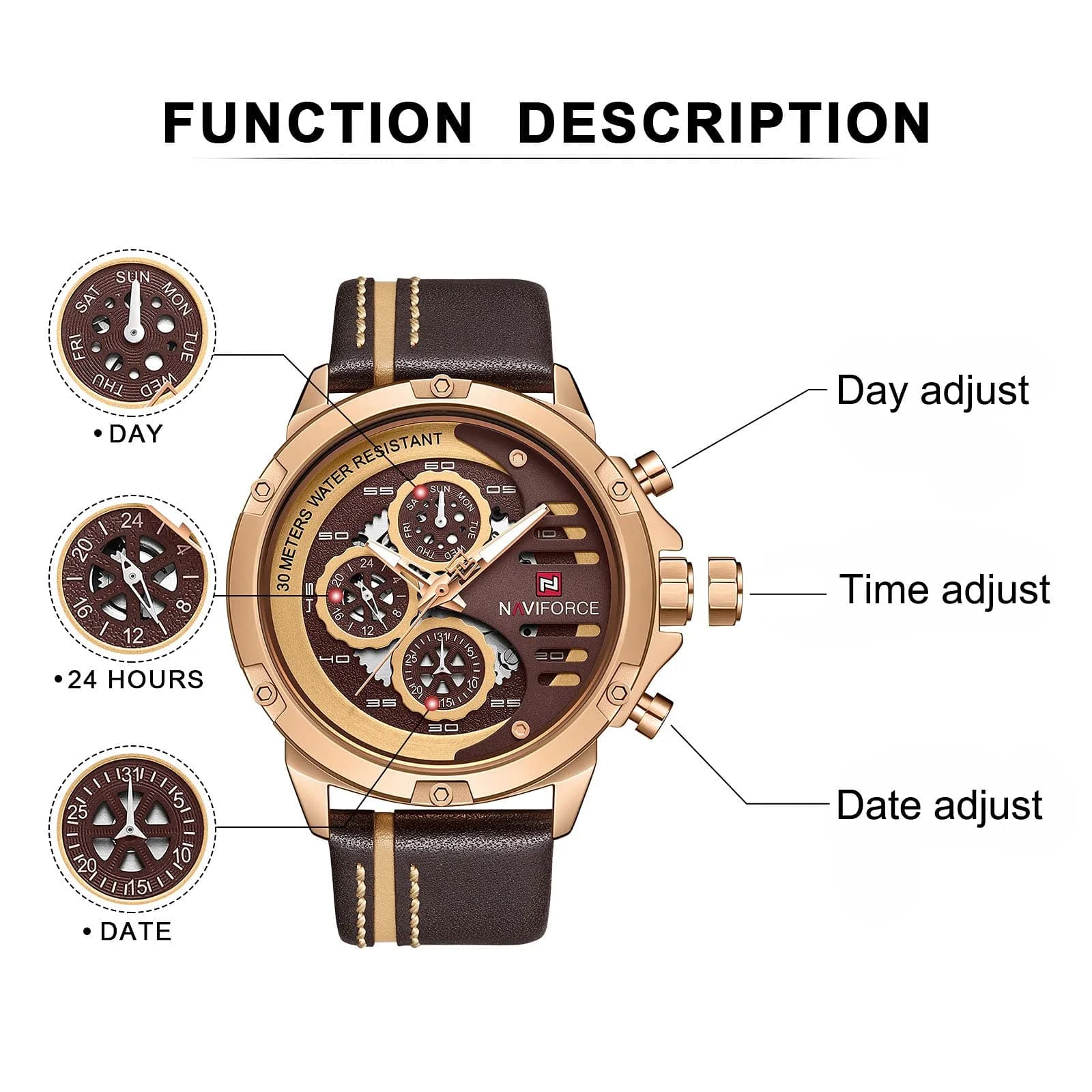 NAVIFORCE Rose Gold & Coffee Brown Leather Band Sport Military Watch for Men - view 4