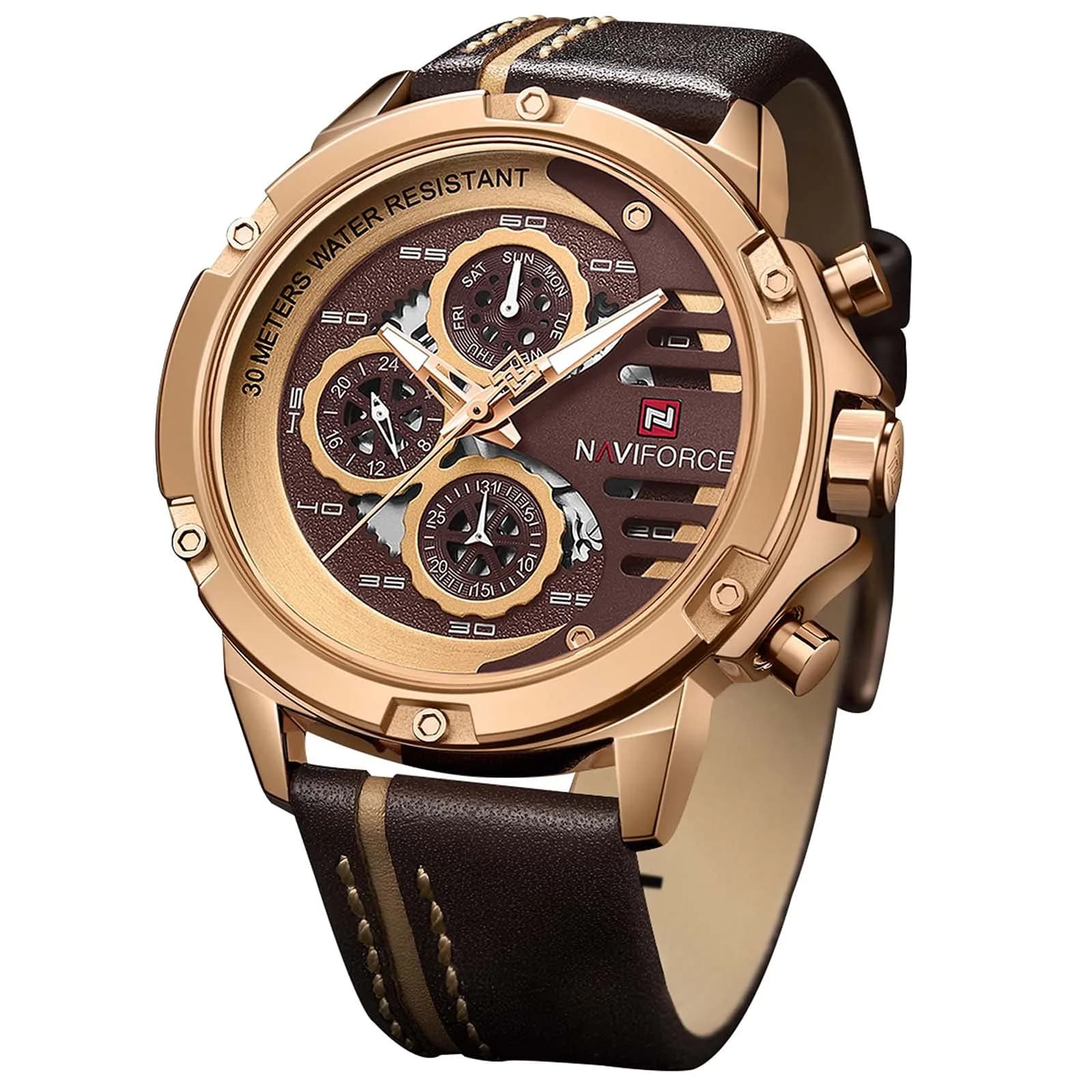 NAVIFORCE Sport Military Watch for Men — 4.8cm Case, 25cm Leather Band | Analog Quartz with Date & Luminous Hands — rose gold+coffee+brown