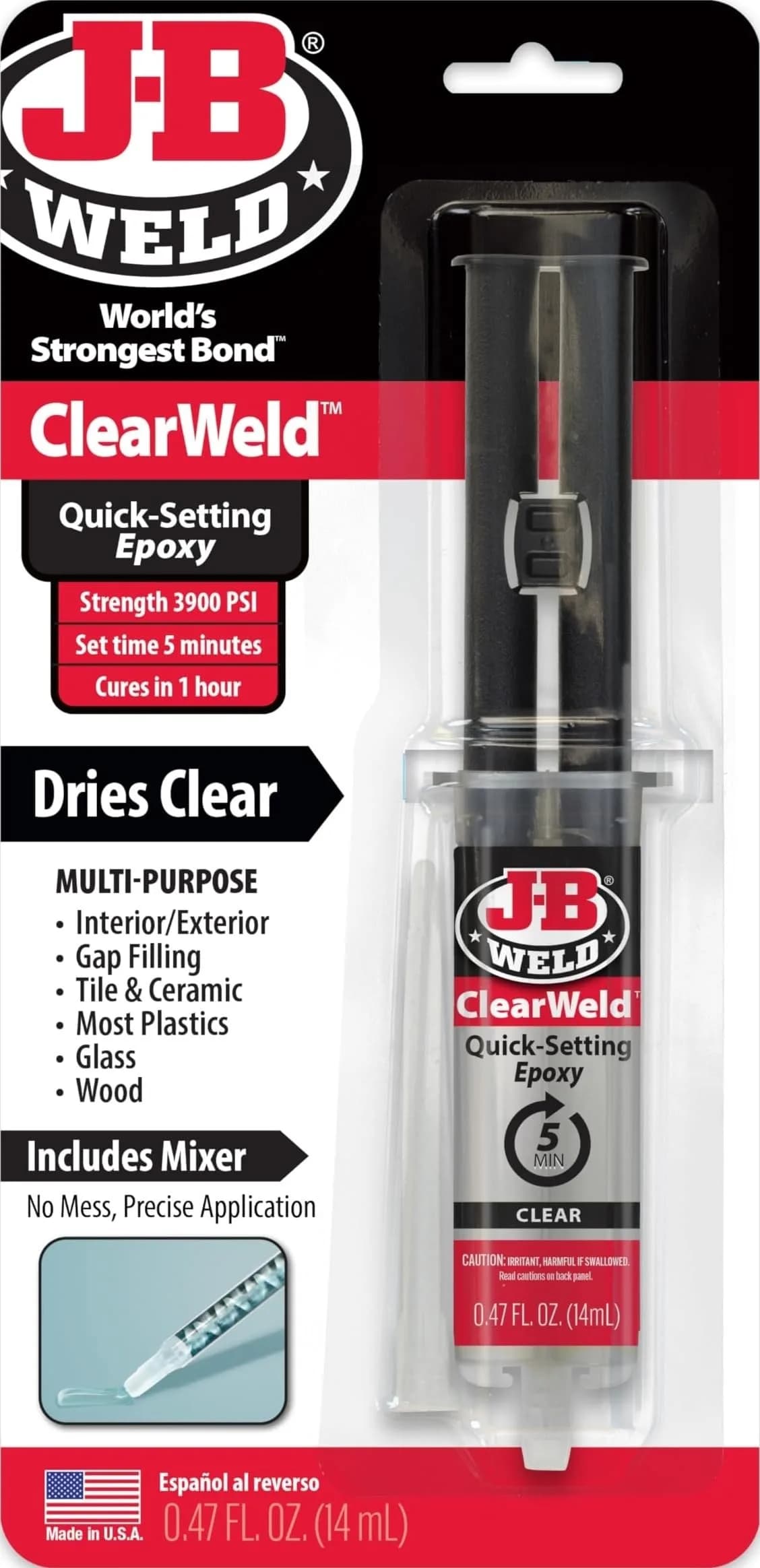 J-B Weld ClearWeld 5 Minute Epoxy 14ml (0.47 Fl Oz) | Bonds Metal, Tile, Plastic, Ceramic, Glass, Wood - main product image