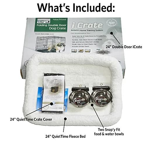 MidWest Homes for Pets Double Door iCrate Starter Kit, 24-inch Dog Crate Bundle for Small Breeds | Includes Cage, Pet Bed, 2 Bowls & Privacy Cover thumbnail 2