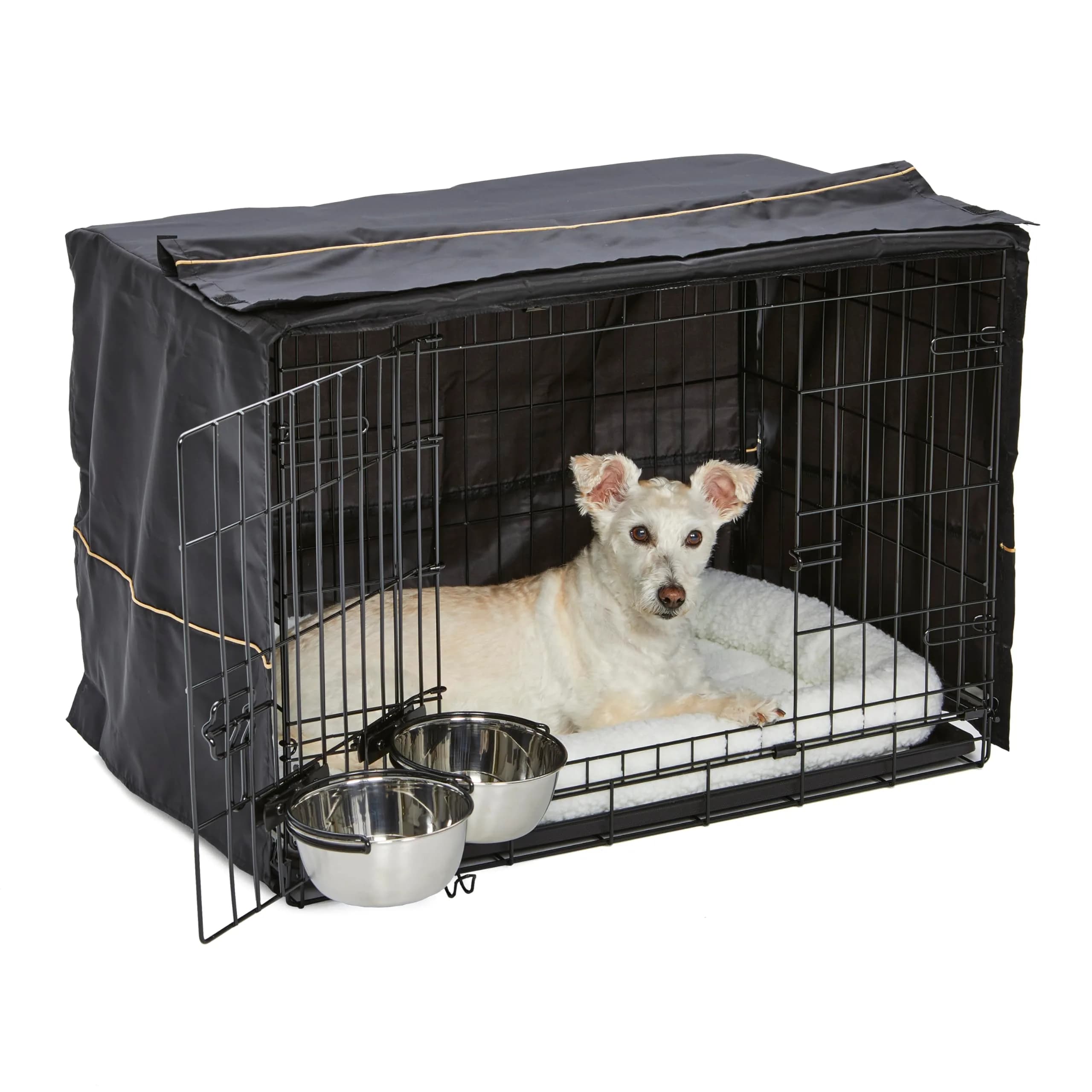 MidWest Homes for Pets Double Door iCrate Starter Kit, 30-inch Dog Crate Bundle for Medium Breeds | Includes Cage, Pet Bed, 2 Bowls & Privacy Cover