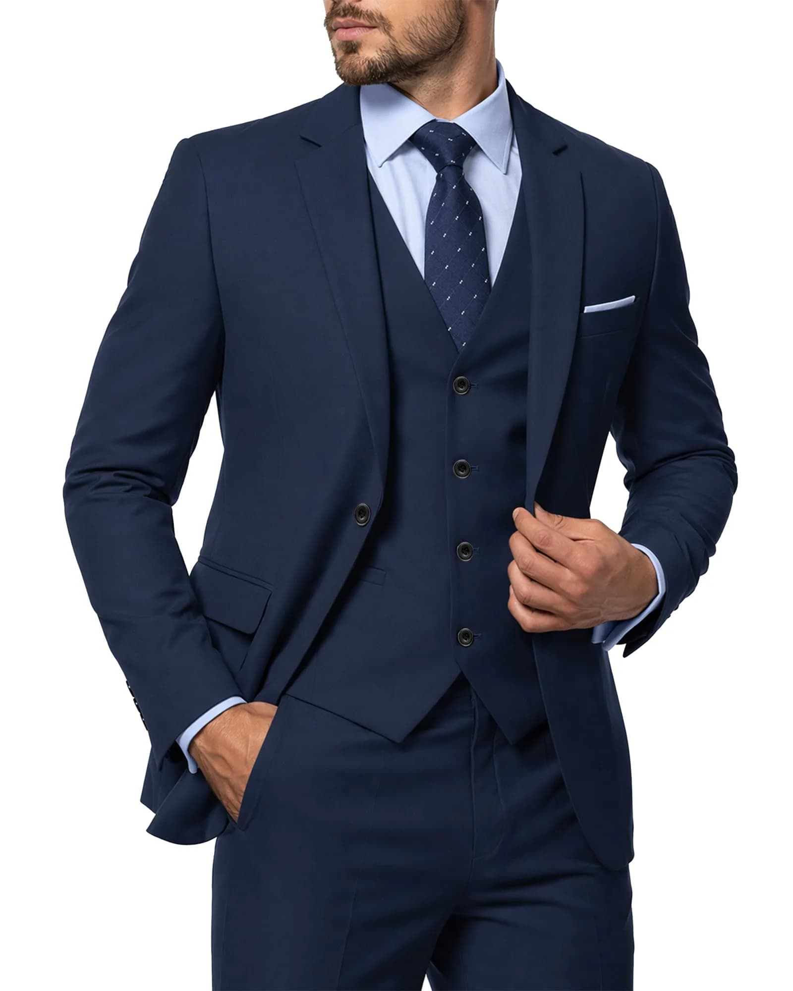 MY'S Men's 3 Piece Slim Fit Suit with Tie, Solid COLOR Jacket Vest and Pant | Modern Fit, Polyester Blend, Deep Blue