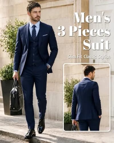 MY'S Men's 3 Piece Slim Fit Suit with Tie, Solid COLOR Jacket Vest and Pant | Modern Fit, Polyester Blend, Deep Blue thumbnail 2