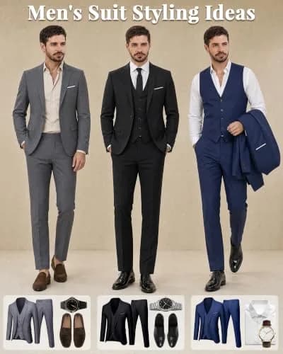 MY'S Men's 3 Piece Slim Fit Suit with Tie, Solid COLOR Jacket Vest and Pant | Modern Fit, Polyester Blend, Deep Blue thumbnail 4