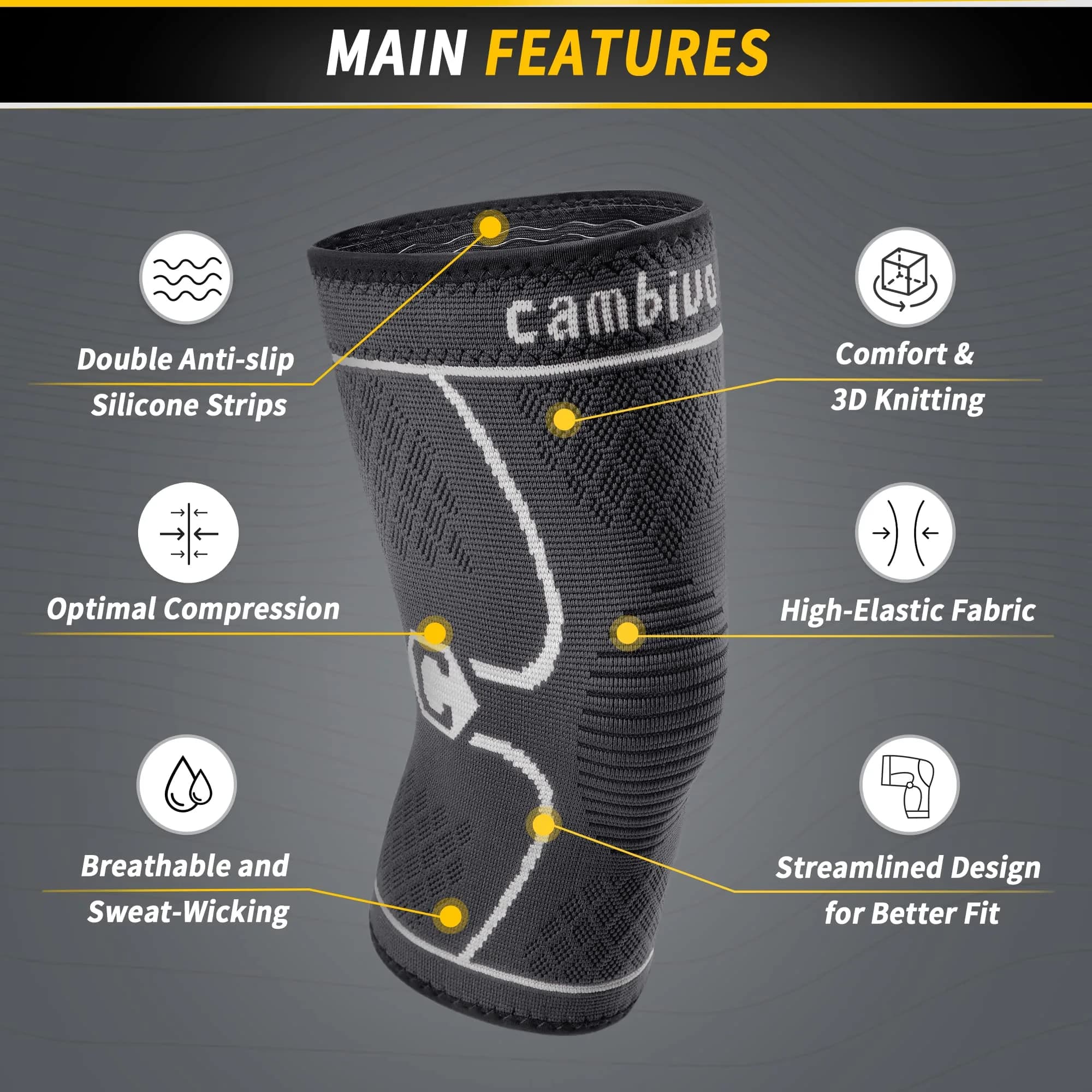 CAMBIVO 2 Pack Knee Brace Compression Sleeve for Men & Women, Gray X-Large | FDA Approved Orthopedic Brace - view 2