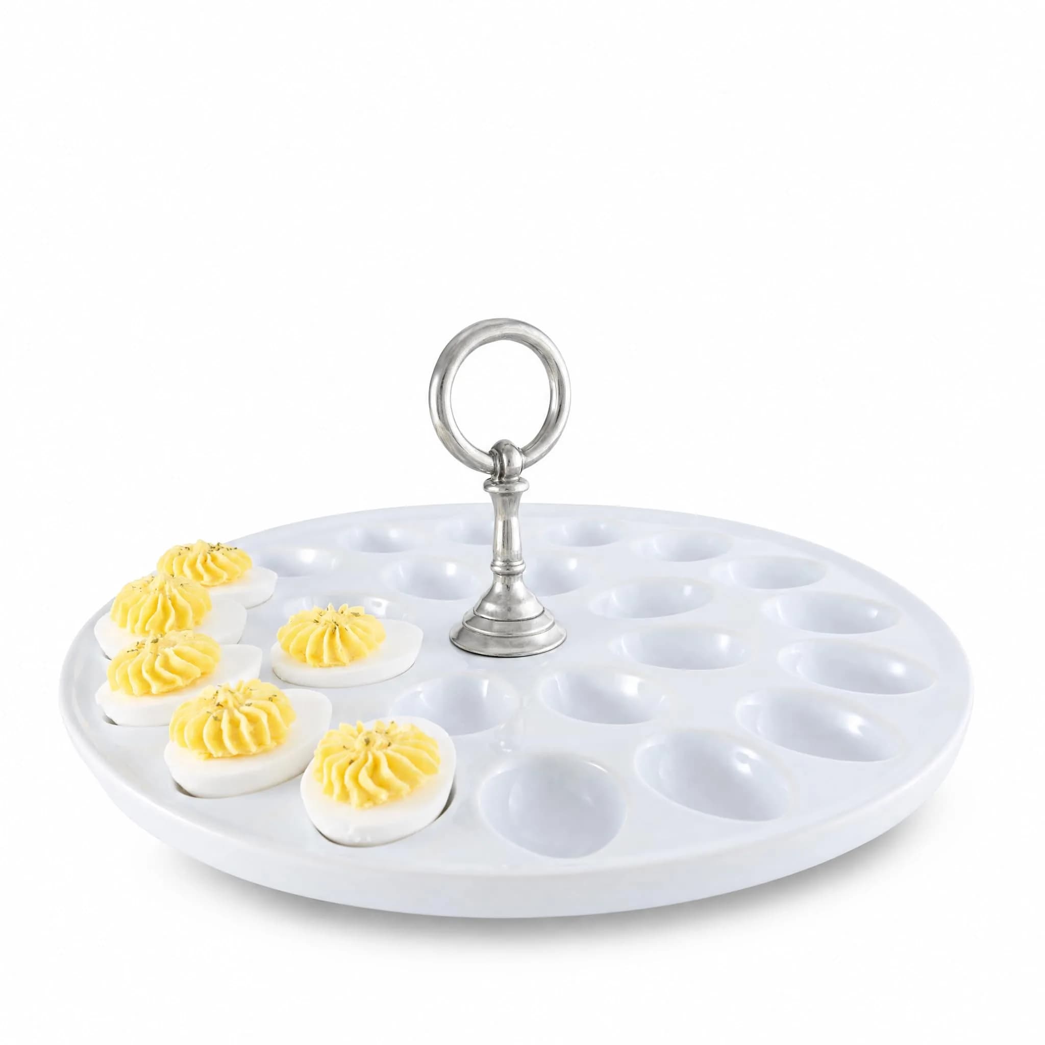 Vagabond House Deviled Egg Tray with Pewter Handle | Elegant Stoneware Serving Plate - 13 Inch Diameter