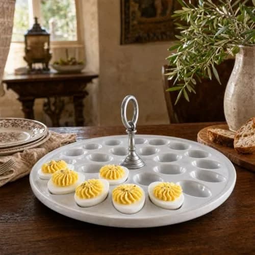 Vagabond House Deviled Egg Tray with Pewter Handle | Elegant Stoneware Serving Plate - 13 Inch Diameter thumbnail 8
