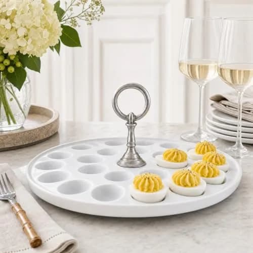 Vagabond House Deviled Egg Tray with Pewter Handle | Elegant Stoneware Serving Plate - 13 Inch Diameter thumbnail 3