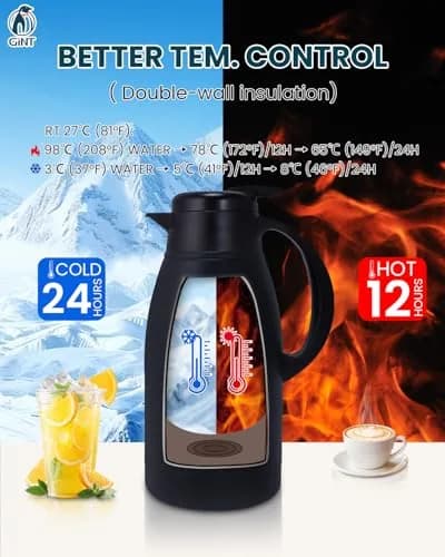 GiNT Stainless Steel Thermal Coffee Carafe 65oz | 12 Hour Heat Retention, Double Walled Vacuum Insulated, Black thumbnail 4