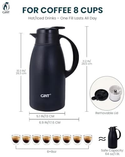 GiNT Stainless Steel Thermal Coffee Carafe 65oz | 12 Hour Heat Retention, Double Walled Vacuum Insulated, Black thumbnail 3