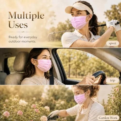 Wecolor 100 Pcs Pink Disposable Face Mask | 3 Ply Breathable Non-Woven Fabric with Adjustable Nose Wire thumbnail 7