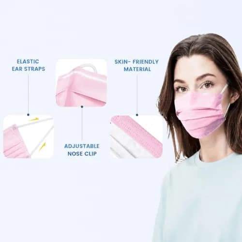 Wecolor 100 Pcs Pink Disposable Face Mask | 3 Ply Breathable Non-Woven Fabric with Adjustable Nose Wire thumbnail 3