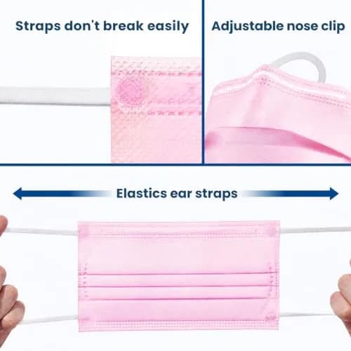 Wecolor 100 Pcs Pink Disposable Face Mask | 3 Ply Breathable Non-Woven Fabric with Adjustable Nose Wire thumbnail 4