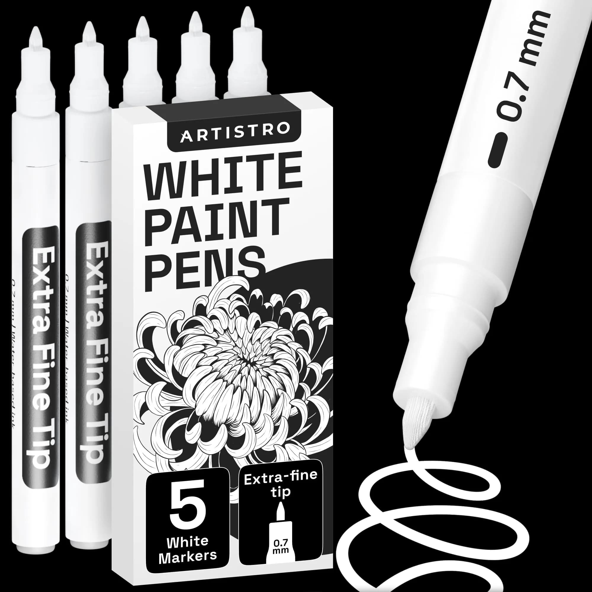 ARTISTRO 5 White Paint Pens for Rock, Glass, Ceramic, Wood, Tire, Fabric, Metal, Canvas, Marking, Painting - Set of 5 Acrylic Paint Markers Water-based — White