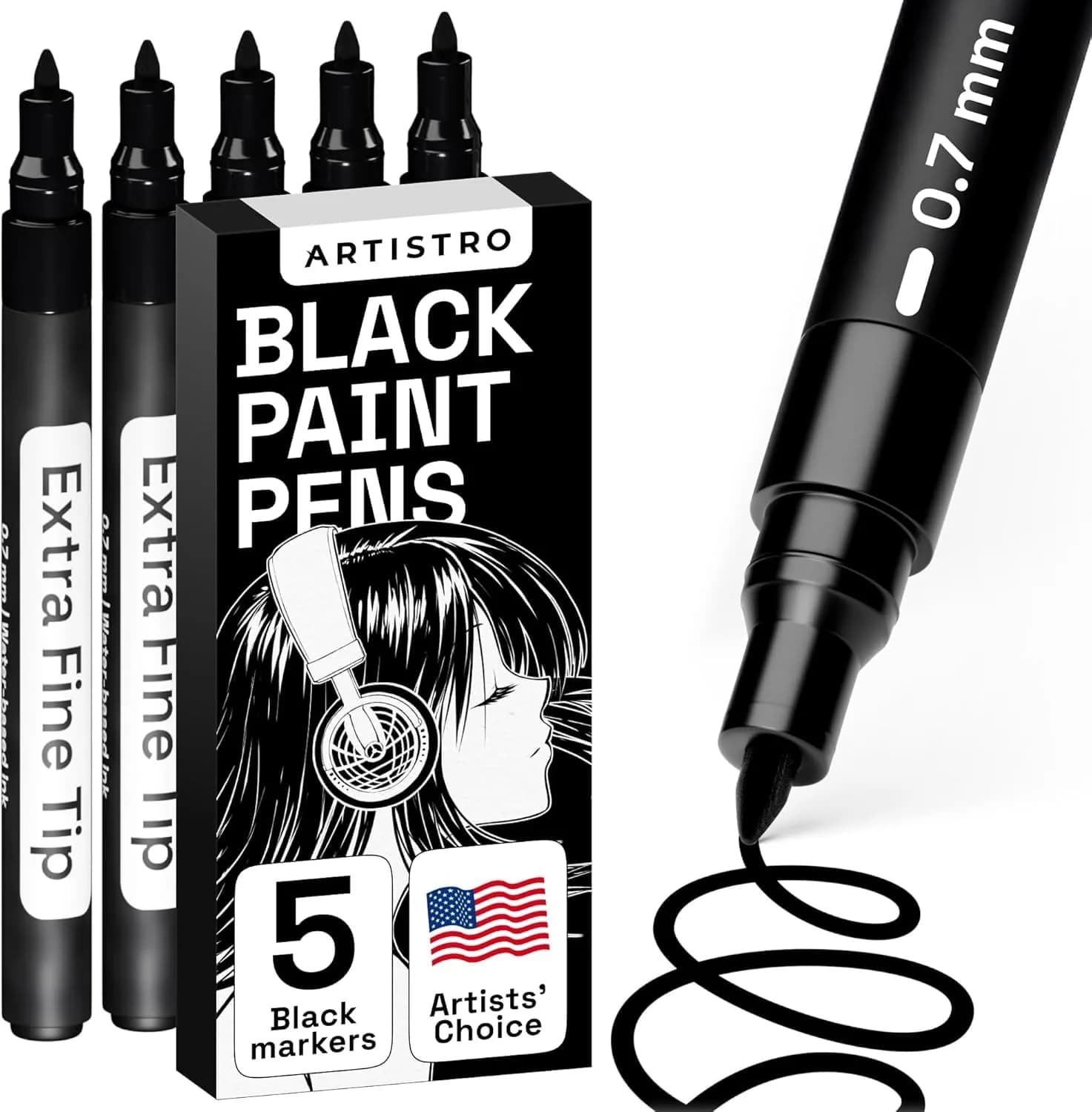 ARTISTRO Black Paint Pens Extra-Fine Tip Set of 5 | ASTM D-4236 Certified — Black