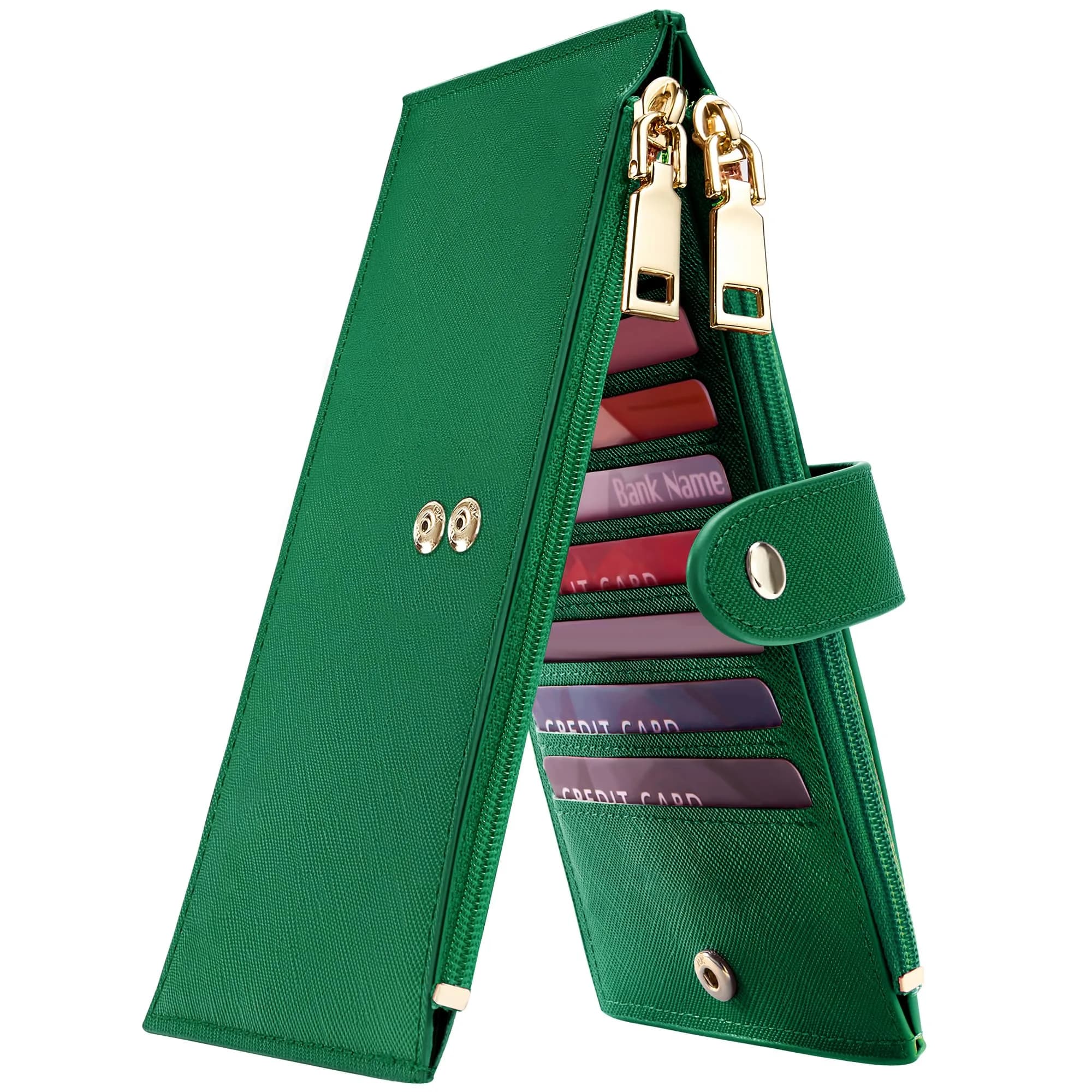 Travelambo RFID Wallet Women Large Size Bifold Multi Card Wallet Case with Zipper Pocket, Rose Gold | 15 Card Slots, RFID Blocking — Green