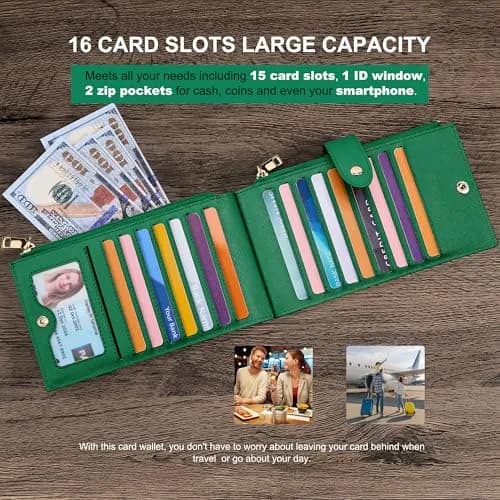 Travelambo RFID Wallet Women Large Size Bifold Multi Card Wallet Case with Zipper Pocket, Green 20.32cm (8 inches) | RFID Blocking for Secure Payments thumbnail 5