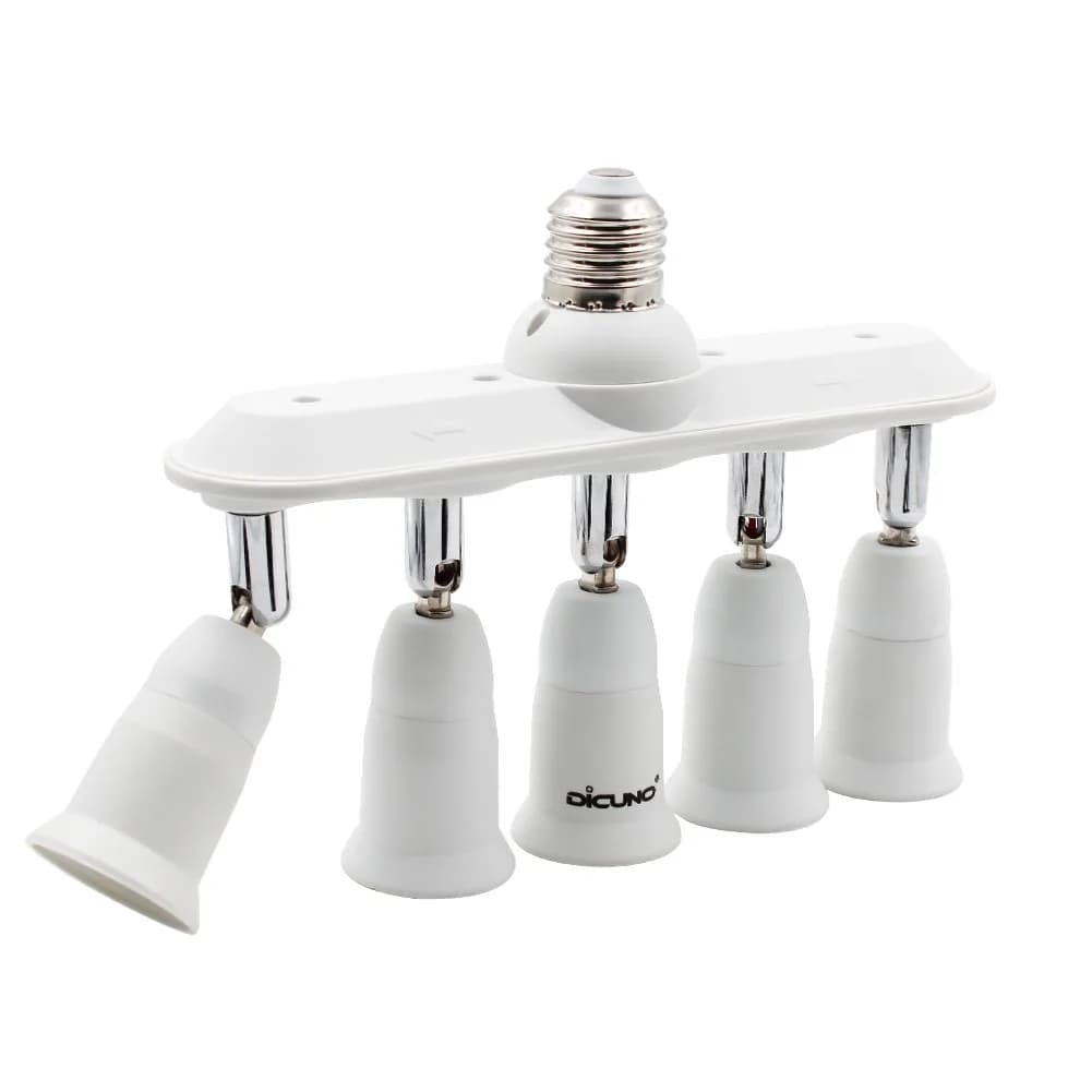 DiCUNO 5-Way E26 Light Socket Splitter Adapter, 5 in 1 Socket Converter with Adjustable Angles | 300W Max, 100-240V — 5 in 1 E26 Socket