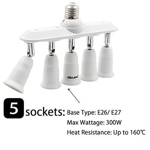 DiCUNO 5-Way E26 Light Socket Splitter Adapter, 5 in 1 Socket Converter with Adjustable Angles | 300W Max, 100-240V thumbnail 3