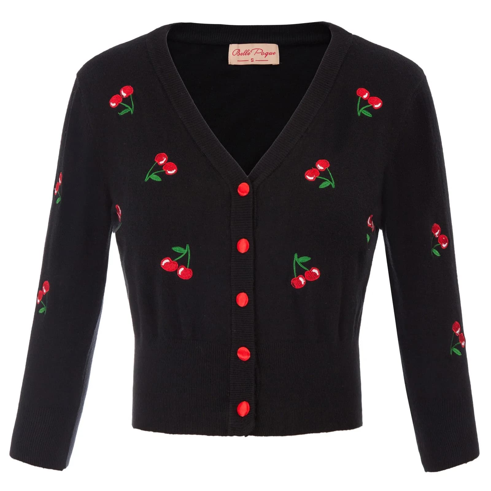 Belle Poque Women's Cropped Cardigan Sweater Black XL | Vintage Embroidery & 3/4 Sleeves