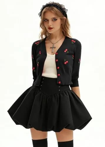 Belle Poque Women's Cropped Cardigan Sweater Black XL | Vintage Embroidery & 3/4 Sleeves thumbnail 4