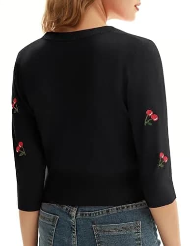 Belle Poque Women's Cropped Cardigan Sweater Black XL | Vintage Embroidery & 3/4 Sleeves thumbnail 7