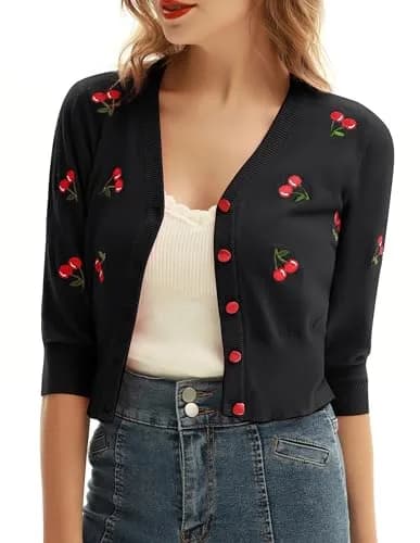 Belle Poque Women's Cropped Cardigan Sweater Black XL | Vintage Embroidery & 3/4 Sleeves thumbnail 2