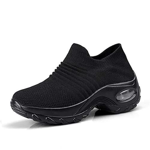 LEADER SHOW Women's Slip-On Walking Shoes 10 | Casual Non-Slip Loafers with Platform (All-Black) thumbnail 1