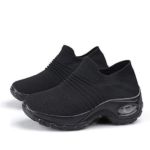 LEADER SHOW Women's Slip-On Walking Shoes 10 | Casual Non-Slip Loafers with Platform (All-Black) thumbnail 5