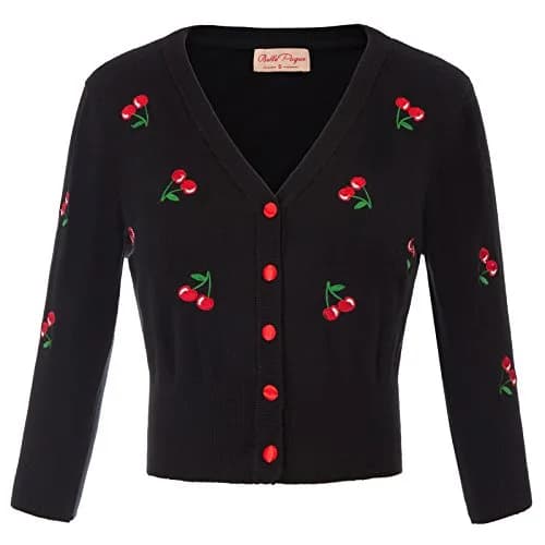 Belle Poque Women's 3/4 Sleeve V-Neck Cherry Embroidery Cropped Cardigan Sweater Coat Black L | Vintage Style & Cozy Comfort thumbnail 1