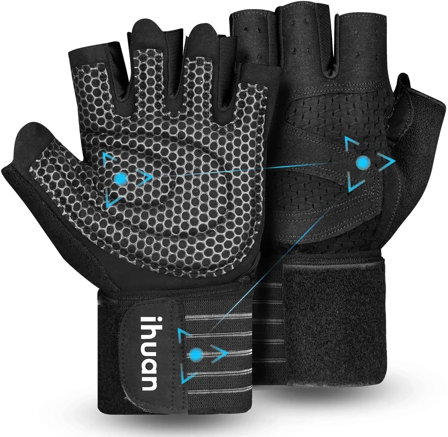ihuan Ventilated Weight Lifting Gym Workout Gloves with Wrist Wrap Support, Small | Full Palm Protection & Breathable Mesh — Black