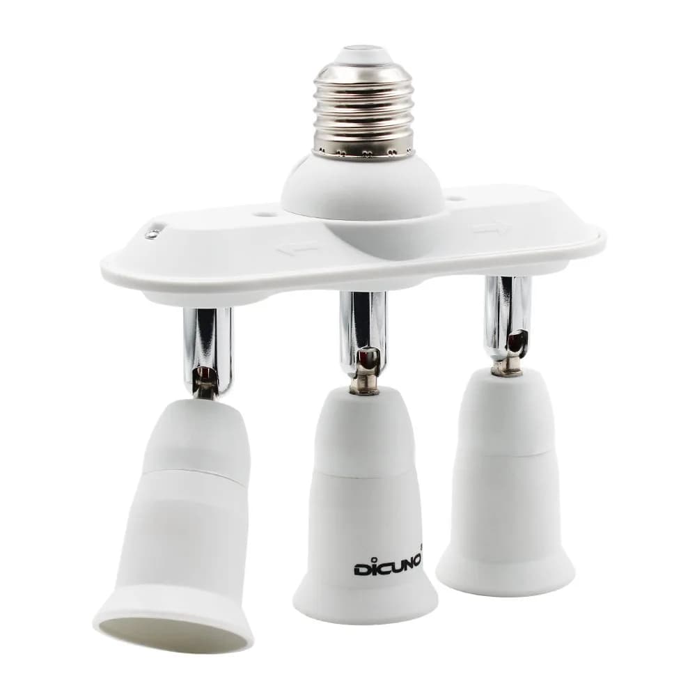 DiCUNO 7 Way E26 Light Socket Splitter Adapter, 7 in 1 Horizontal Design with Adjustable Angles | 420W Max Total — 3 in 1 E26 Socket