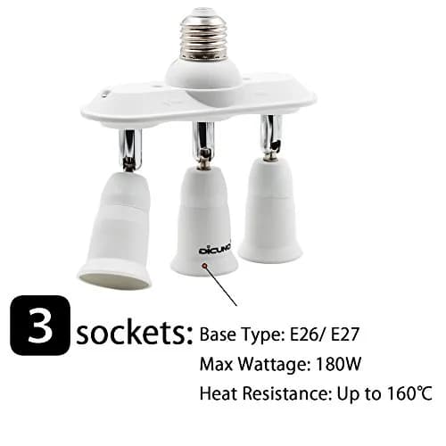 DiCUNO 3 Way E26 Light Socket Splitter Adapter, 180W Max, 100-240V | Adjustable Angle thumbnail 3