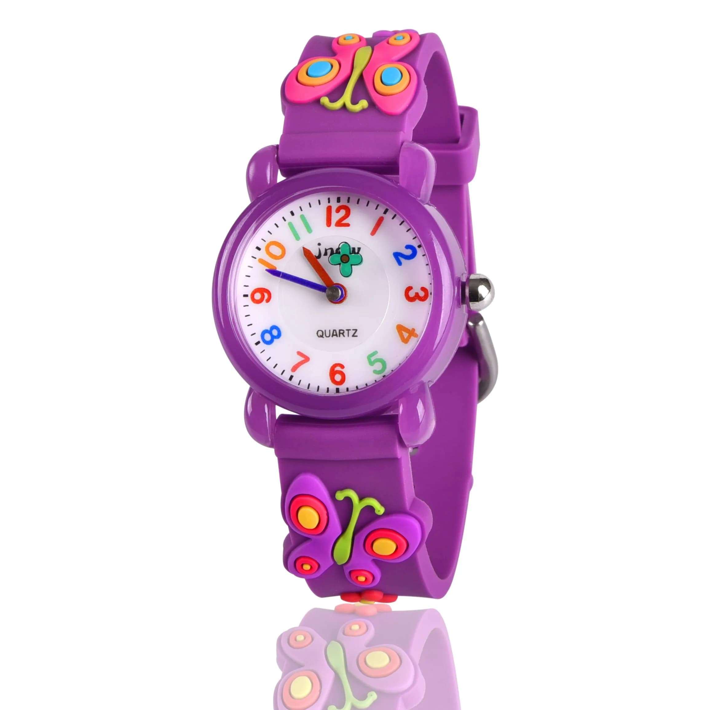Kids Gift Waterproof Watch, 3D Cartoon Design, Butterfly White | Traditional Pointer & Watch Dial for Kids — Butterfly Purple