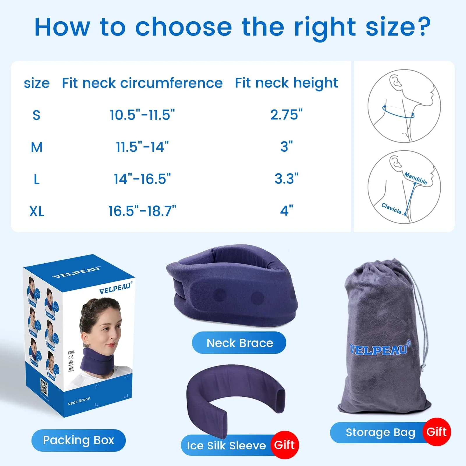 Velpeau Enhanced Blue Neck Brace 3.3" (8.4cm) | Soft Cervical Collar for Neck Pain & Support - view 6