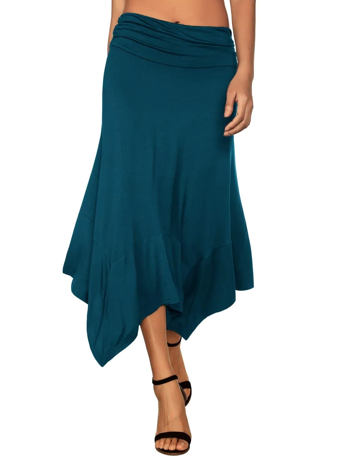 DJT Women's Flowy Midi Skirt Teal | High Low Hanky Hemline, X-Large, Summer Breathable — Teal