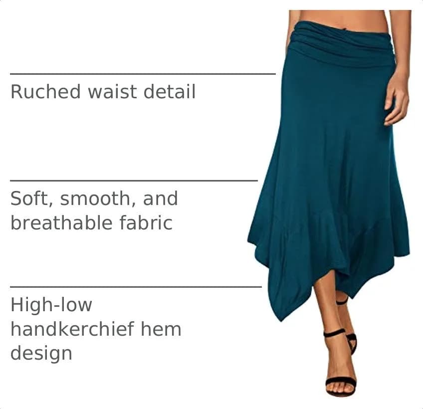 DJT Women's Flowy Midi Skirt Teal | High Low Hanky Hemline, X-Large, Summer Breathable thumbnail 4