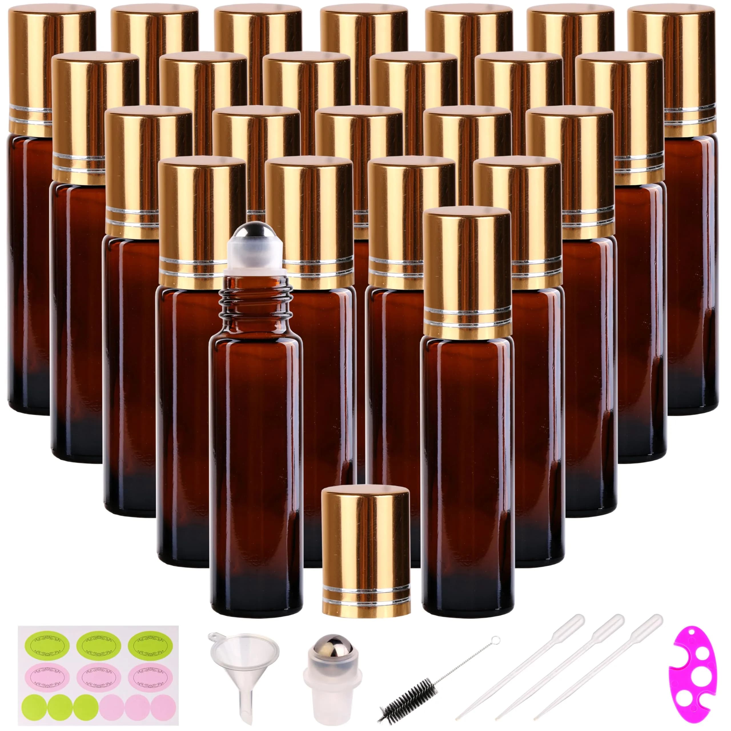 inice 24 Pack Amber Glass Roller Bottles 10ml | UV-Protected Essential Oil Containers