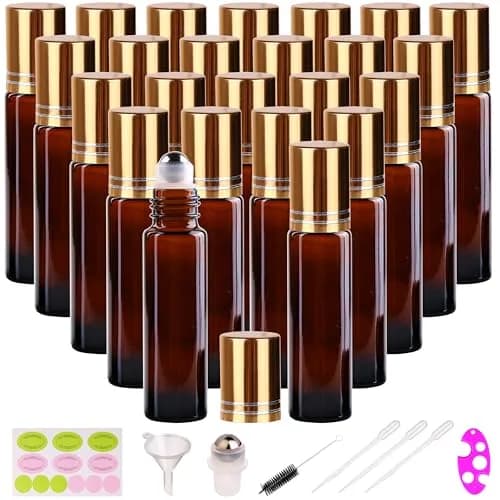 inice 24 Pack Amber Glass Roller Bottles 10ml | UV-Protected Essential Oil Containers thumbnail 1