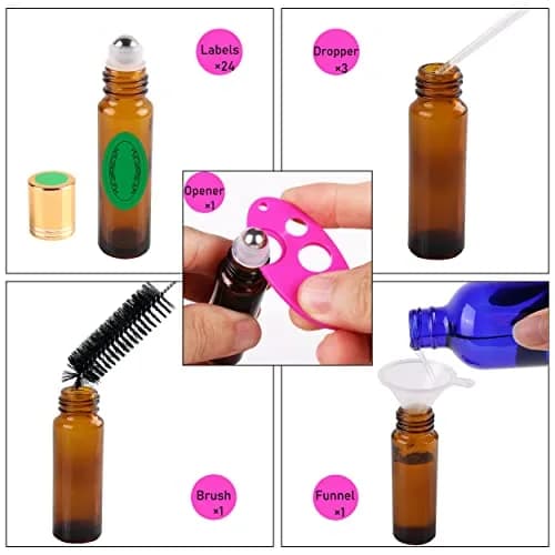 inice 24 Pack Amber Glass Roller Bottles 10ml | UV-Protected Essential Oil Containers thumbnail 2