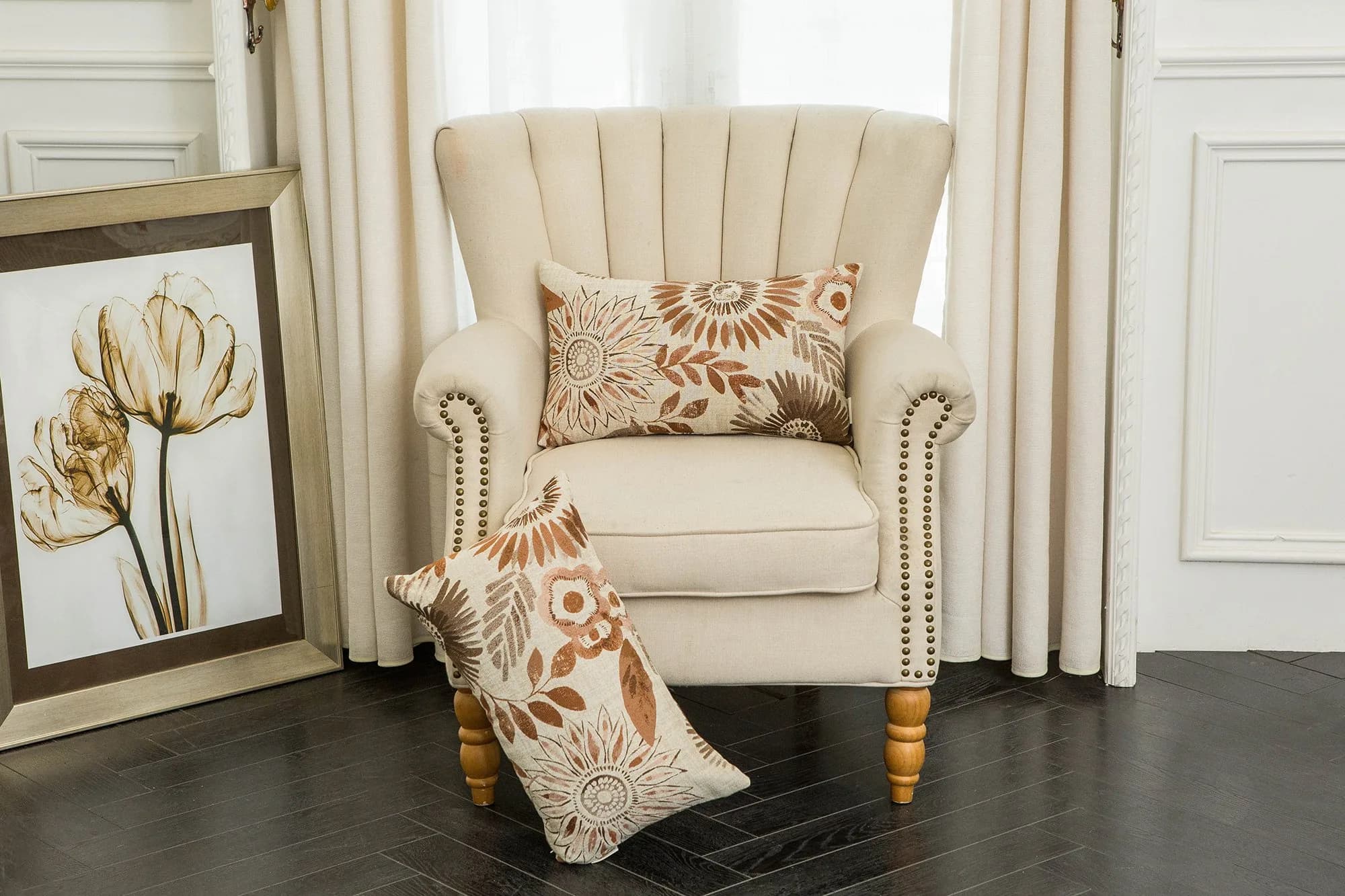 Mika Home Pack of 2 Decorative Rectangular Throw Pillow Covers 12x20 Inches | Sunflower Pattern, Brown Cream