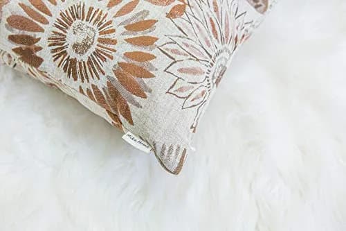 Mika Home Pack of 2 Decorative Rectangular Throw Pillow Covers 12x20 Inches | Sunflower Pattern, Brown Cream thumbnail 3