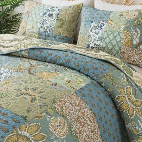 NEWLAKE Bohemian Floral Patchwork Cotton Quilt Set Queen Size 236cm x 249cm (90 x 98 Inch) | All-Season Breathable Bedspread with 2 Pillow Shams thumbnail 7