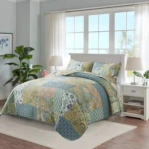 NEWLAKE Bohemian Floral Patchwork Cotton Quilt Set Queen Size 236cm x 249cm (90 x 98 Inch) | All-Season Breathable Bedspread with 2 Pillow Shams thumbnail 8