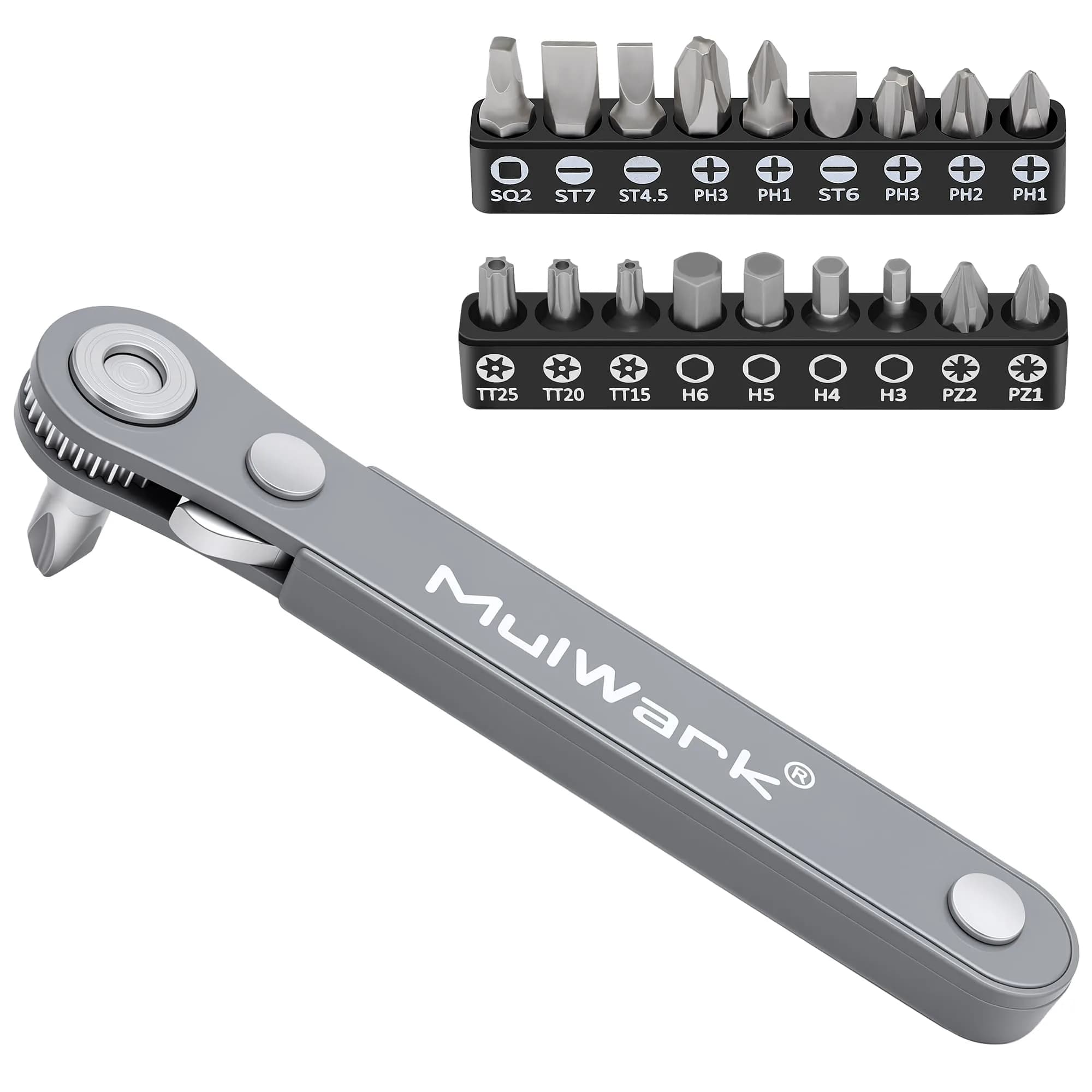 MULWARK 20pc Ultra Low Profile Mini Ratchet Screwdriver Set with 90 Degree Offset Handle | High Torque EDC Tool