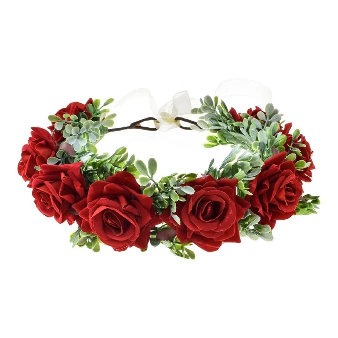 Vividsun Women Flower Crown Floral Headpiece White | Hand-Made Fabric Floral Wreath — A/Red