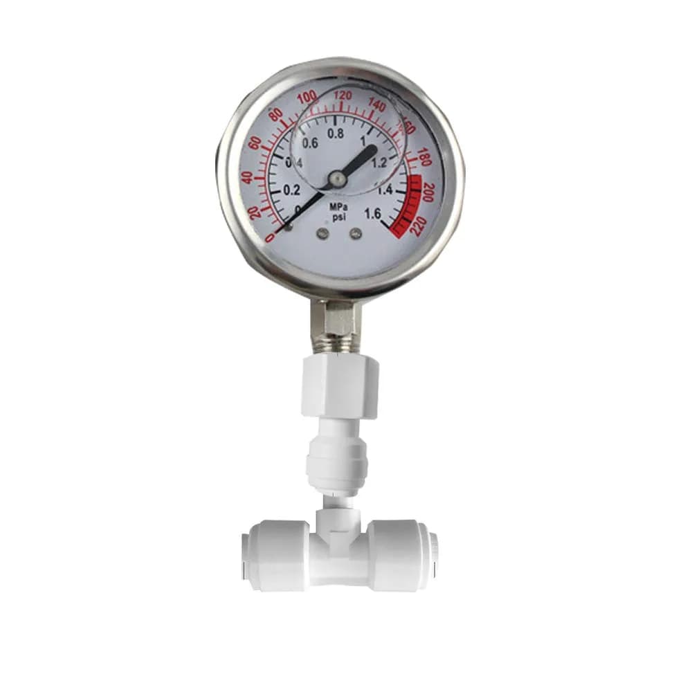 PureSec Water Pressure Gauge Oil Filled Vibration Proof Stainless-Steel 2-1/2" Dial Size Dual-Scale with 1/4" NPT Bottom Mount and 1/4" RO Fittings for RO System (0-1.6kg(MPa)/0-220psi) | Oil Filled, Quiet, Long-Lasting — 0-1.6 kg(MPa) / 0-220 psi