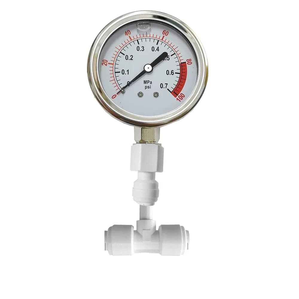 PureSec Water Pressure Gauge Oil Filled Vibration Proof Stainless-Steel 2-1/2" Dial Size Dual-Scale with 1/4" NPT Bottom Mount and 1/4" RO Fittings for RO System (0-0.7kg(MPa)/0-100psi) | Quiet, Durable, Accurate